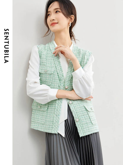 SENTUBILA V-neck Green Tweed Waistcoat