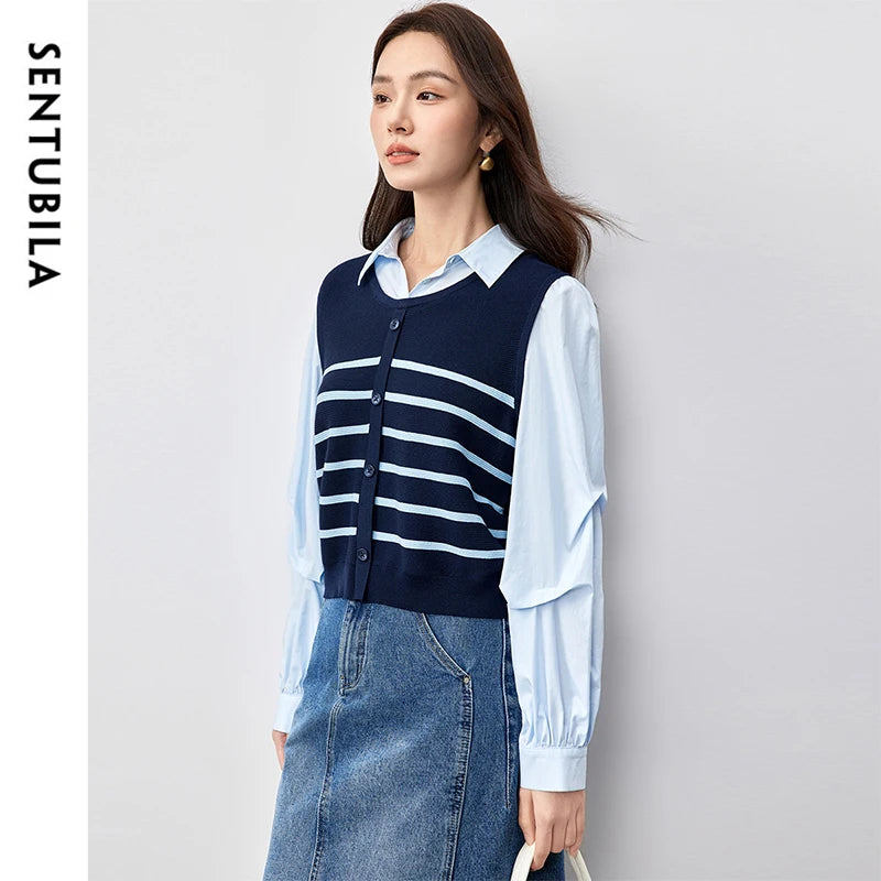 SENTUBILA Patchwork 2 in 1 Blouse 2025 Spring Fashion Spliced Striped Folds Drop Sleeve Chic