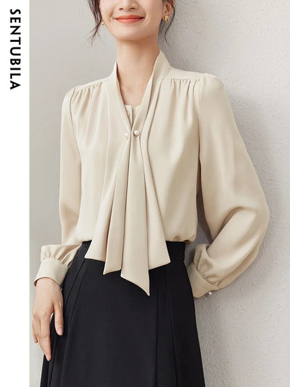 SENTUBILA Office Lady Chiffon Blouses Elegant Blouse New Pearl Button