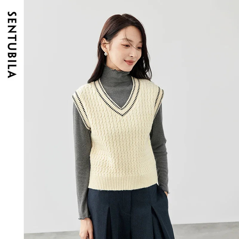 SENTUBILA Knitted Vest V Neck Screw Thread Sleeveless