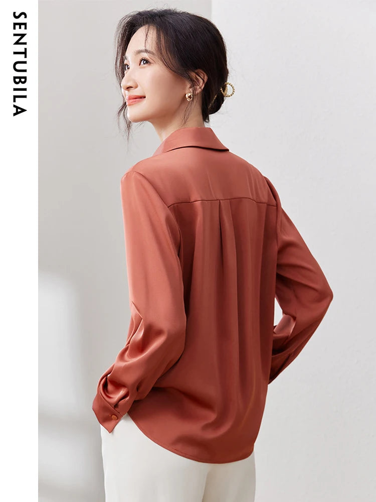 SENTUBILA Elegant Collared V Neck Chiffon Relaxed Fit Blouse