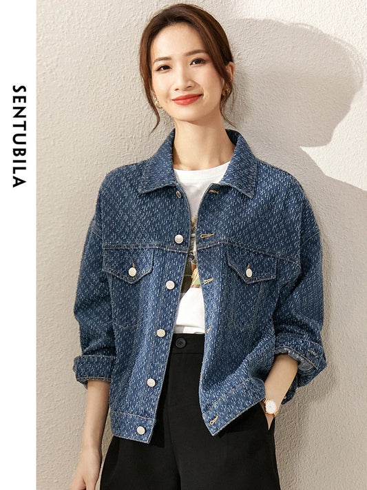 SENTUBILA Jacquard Denim Jackets Turn-down Collar Long Sleeve Coat