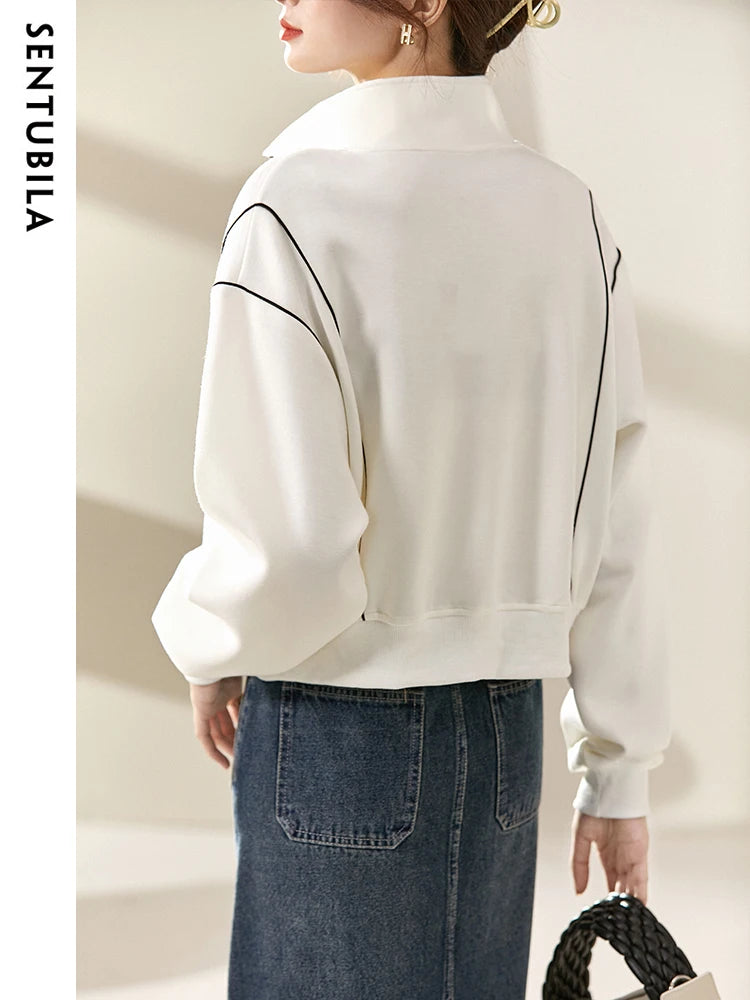 SENTUBILA Casual White Jacket Women Outerwear 2025 Spring Fashion Loose Stand Collar Full Zip