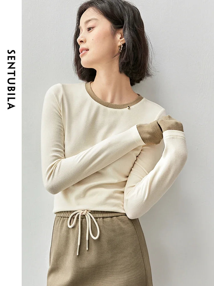 SENTUBILA Patchwork Cotton Knitted Long Sleeve Simple Comfort Women Top