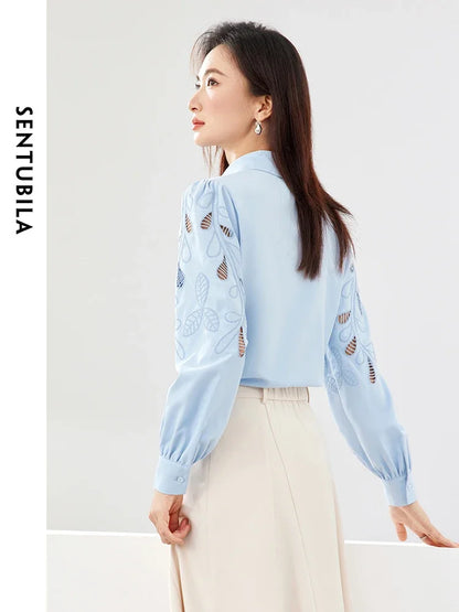 SENTUBILA Hollow Out Embroidery Blue Shirt for Office Elegant Lapel Single Breasted Blouse