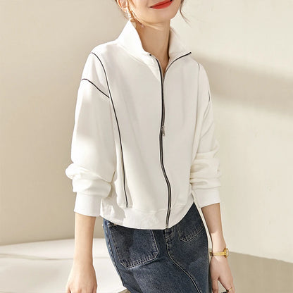 SENTUBILA Casual White Jacket Women Outerwear 2025 Spring Fashion Loose Stand Collar Full Zip