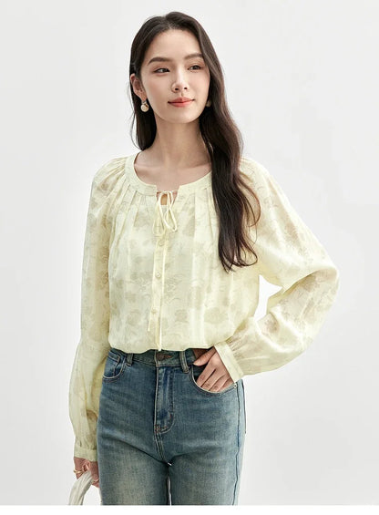 SENTUBILA Printing Women Blouse Hollow-out Lace-up O Collar Lantern Sleeve