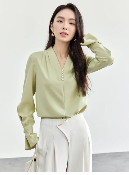 SENTUBILA Chiffon Blouse Women's New Spring 2025 Flare Sleeve Folds Pearl