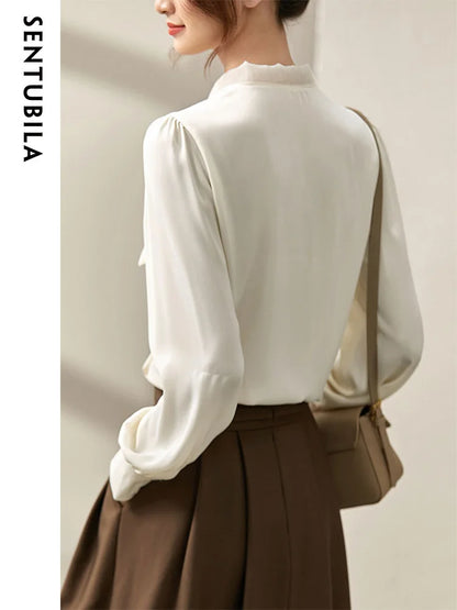 SENTUBILA Elegant Bow Neck Chiffon Blouse Apricot Button Up