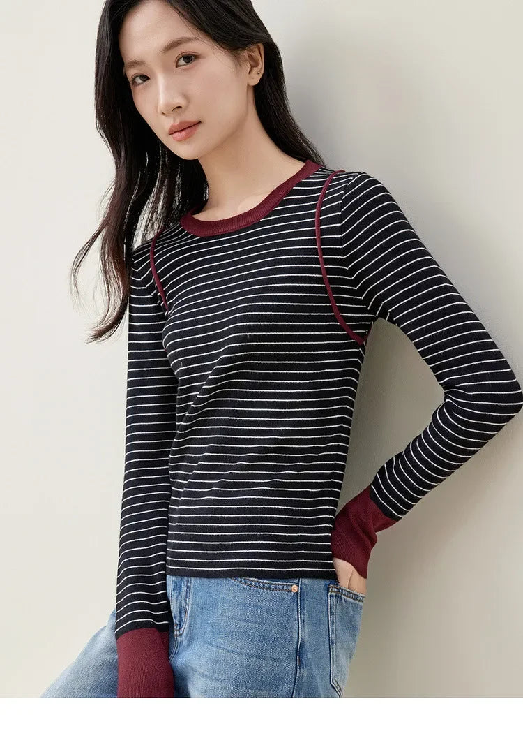 SENTUBILA Spliced Striped Knitted Retro Style O Neck Long Sleeve Cozy Slim Fit Knitwear