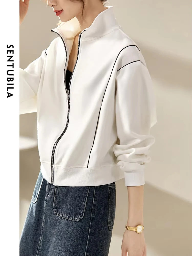 SENTUBILA Casual White Jacket Women Outerwear 2025 Spring Fashion Loose Stand Collar Full Zip