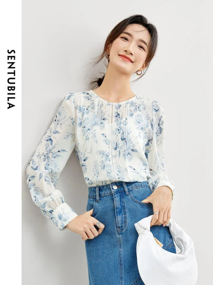 SENTUBILA 2-Piece Printed Chiffon Blouse and Camisole Top