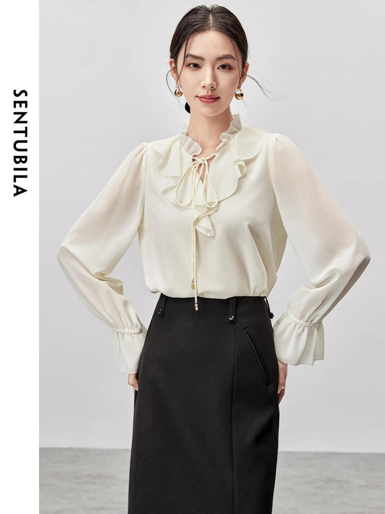 SENTUBILA Ruffled Collar Lace-up Bow Shirt