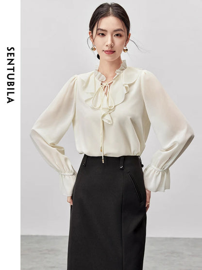 SENTUBILA Ruffled Collar Lace-up Bow Shirt