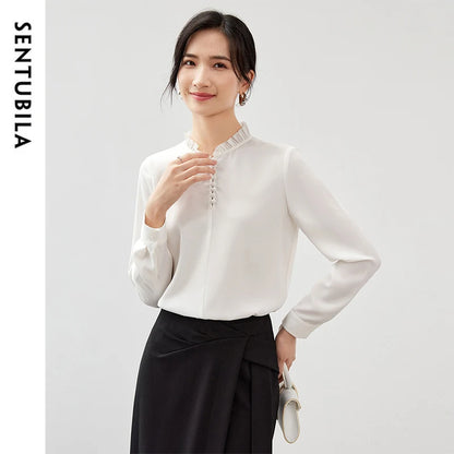 SENTUBILA White Blouse Casual Loose Chiffon Stand-up Collar Long Sleeve Elegant