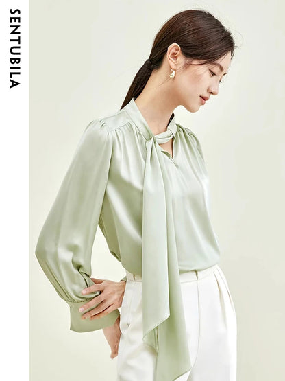 SENTUBILA Bow Tie Shirts & Blouses Elegant Chiffon Blouse V Neck