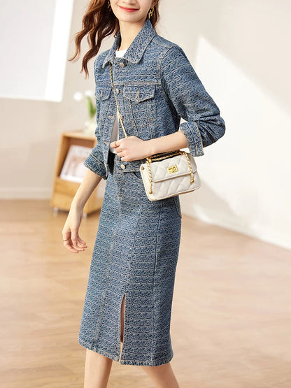 SENTUBILA 2-Piece Jacquard Denim Sets Elegant Women Jean Jacket Slit Skirt Matching Set