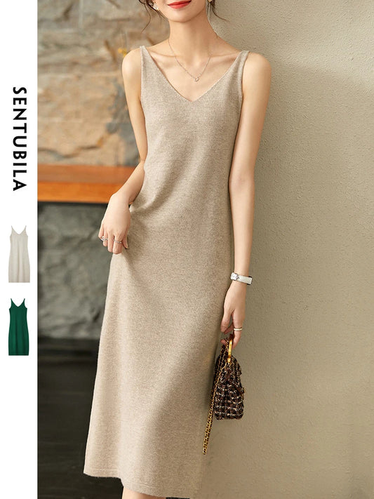 SENTUBILA Knitted Long Dress Women Knitwear 2025 Spring Autumn Sundress Sleeveless Wool Knit Strappy Sweater Dresses W51L58990X