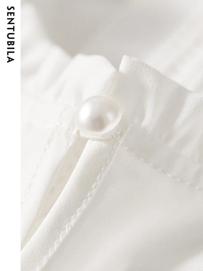 SENTUBILA Summer Chiffon White Shirt Pleated Short Sleeve Elegant Basic Shirts & Blouse