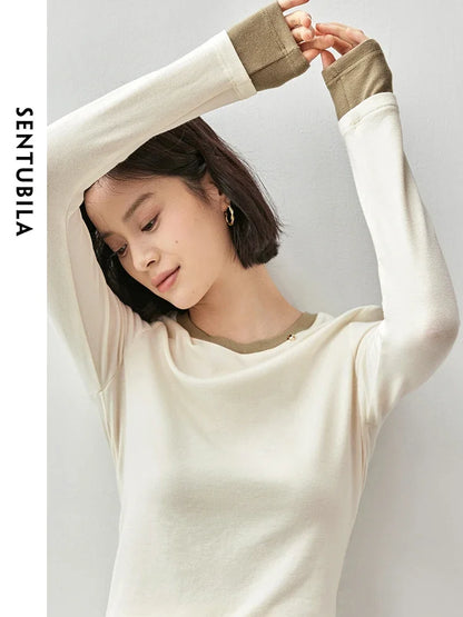 SENTUBILA Patchwork Cotton Knitted Long Sleeve Simple Comfort Women Top