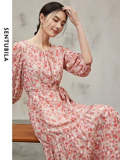 SENTUBILA 100% Silk Summer Floral Dress Women 2024 Short Sleeve Tie Belt Elegant Printed A-line Midi Dresses Woman 142L53958