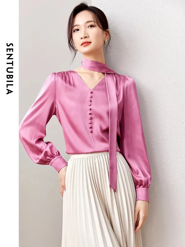 SENTUBILA Autumn Satin Blouse Tie up