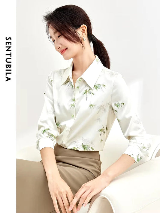 SENTUBILA Women's Chiffon Shirt Blouse With Bamboo Pattern