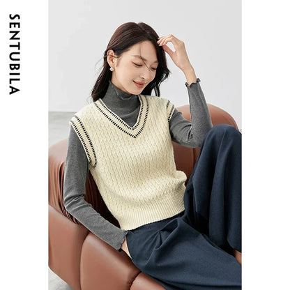 SENTUBILA Knitted Vest V Neck Screw Thread Sleeveless