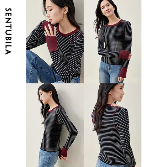 SENTUBILA Spliced Striped Knitted Retro Style O Neck Long Sleeve Cozy Slim Fit Knitwear