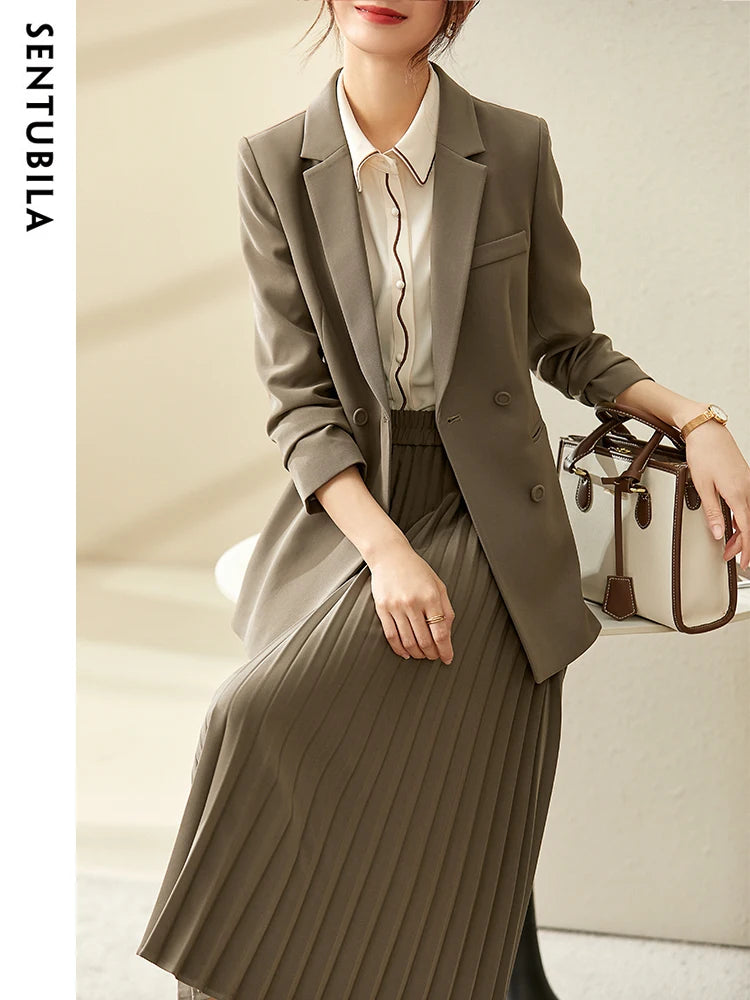 SENTUBILA 2-Piece Elegant Blazer and Skirt Set Long Sleeve Suit Jacket Pleated