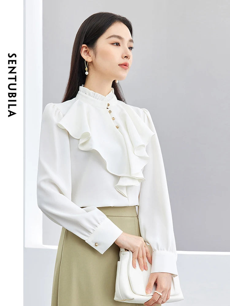 SENTUBILA Ruffles Chiffon White Shirts Spring Autumn Elegant Ruffled Collar