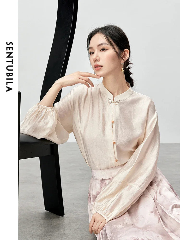 SENTUBILA Chinese Style Stand Neck Shirt Casual Loose Butterfly Button Lantern Sleeve