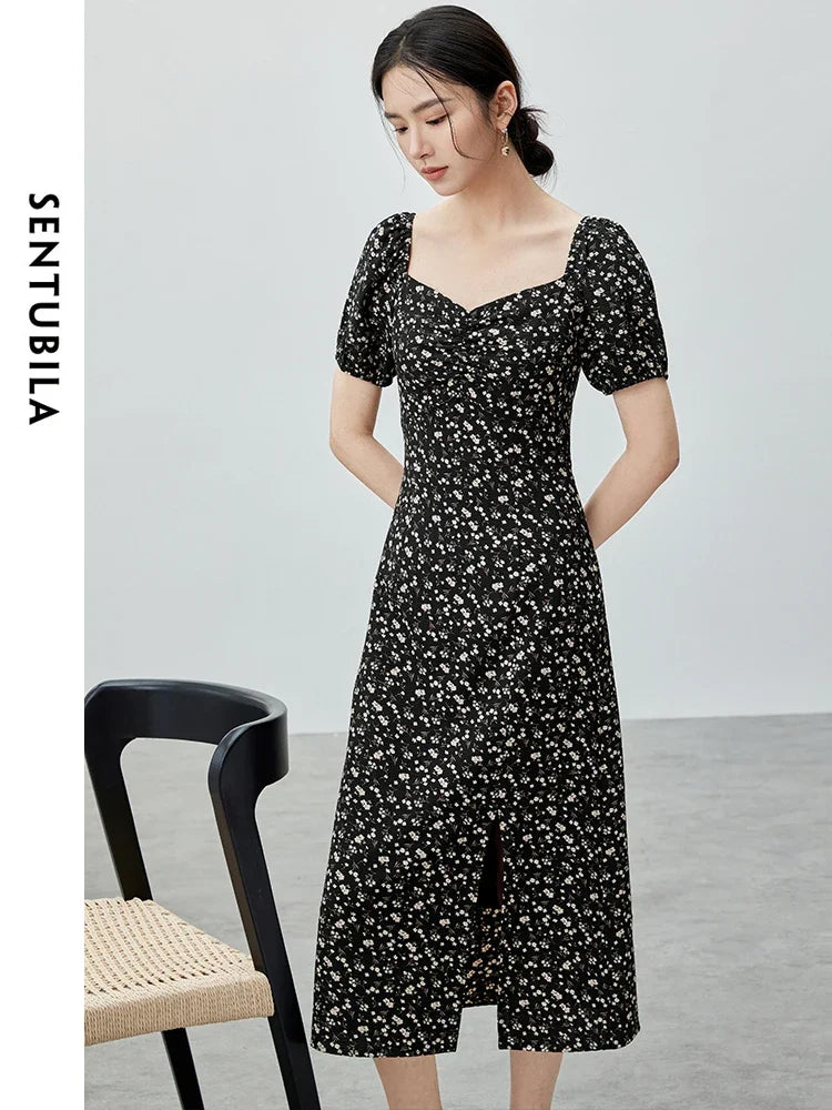 SENTUBILA Women Straight Print Dress   2024 Summer Diamond Collar Slit-hem Short Sleeve Floral Dress Holiday Dress 142L54849