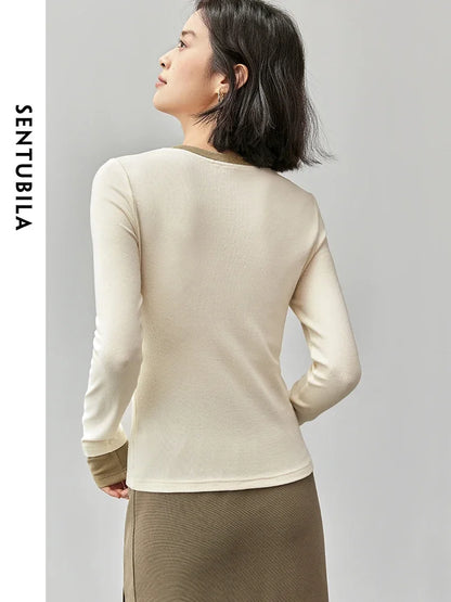 SENTUBILA Patchwork Cotton Knitted Long Sleeve Simple Comfort Women Top