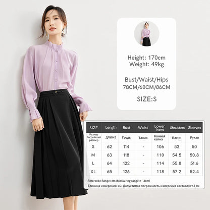 SENTUBILA Stand Collar Elegant Lyocell Shirt Spring Loose Petal Sleeve Button Up Woman Blouses Long Sleeves