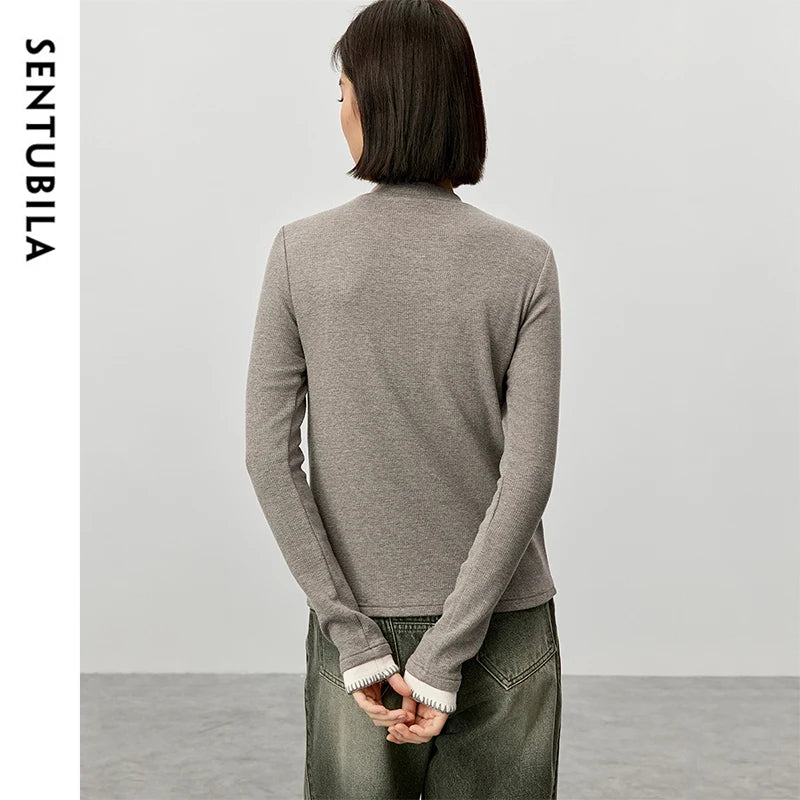 SENTUBILA Cotton Patchwork New Knitted Casual Half High Collar Pullover