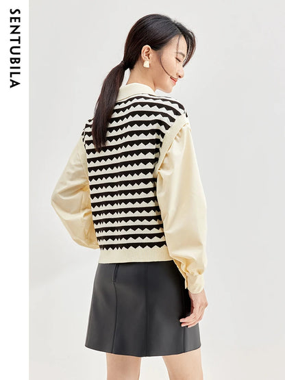 SENTUBILA 2 In 1 Shirt Spring Patchwork Knitted Long Sleeve Blouse Female Fashion Lady