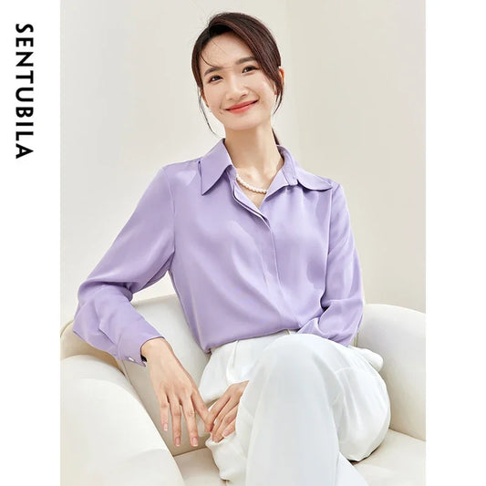 SENTUBILA Solid Office Blouse Chiffon Polo Neck Elegant Pearl Chain