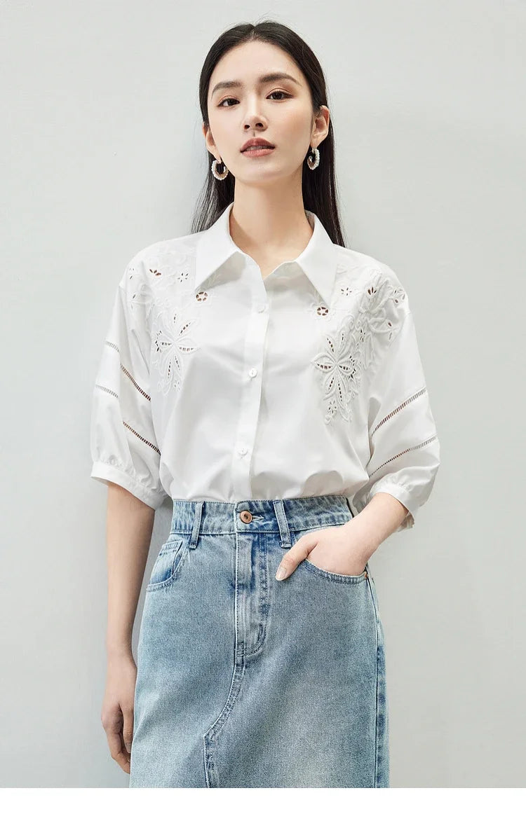 SENTUBILA White Floral Embroidery Hollow Out Three Quarter Sleeve Polo Collar Blouse