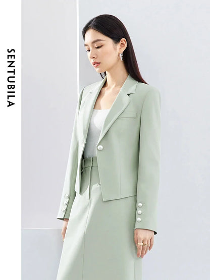 SENTUBILA Cropped Blazers Jacket Workwear Padded Shoulder Green