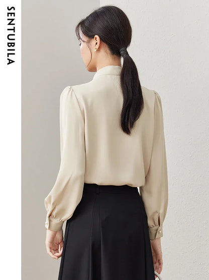 SENTUBILA Office Lady Chiffon Blouses Elegant Blouse New Pearl Button