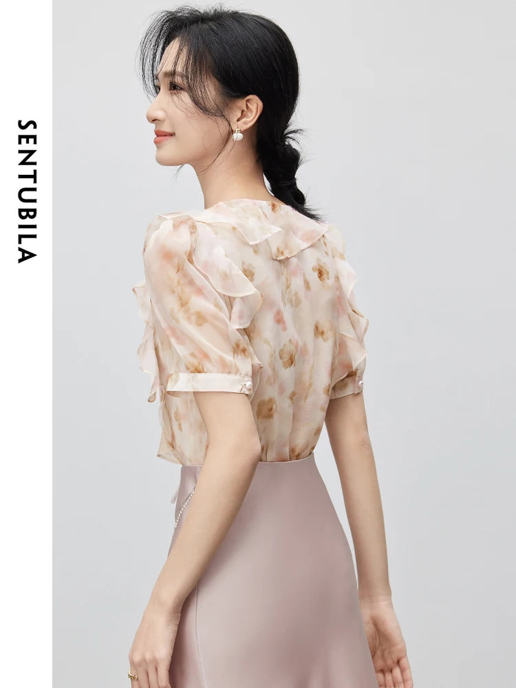 SENTUBILA Lace-up V-neck Printed Chiffon Elegant Blouse