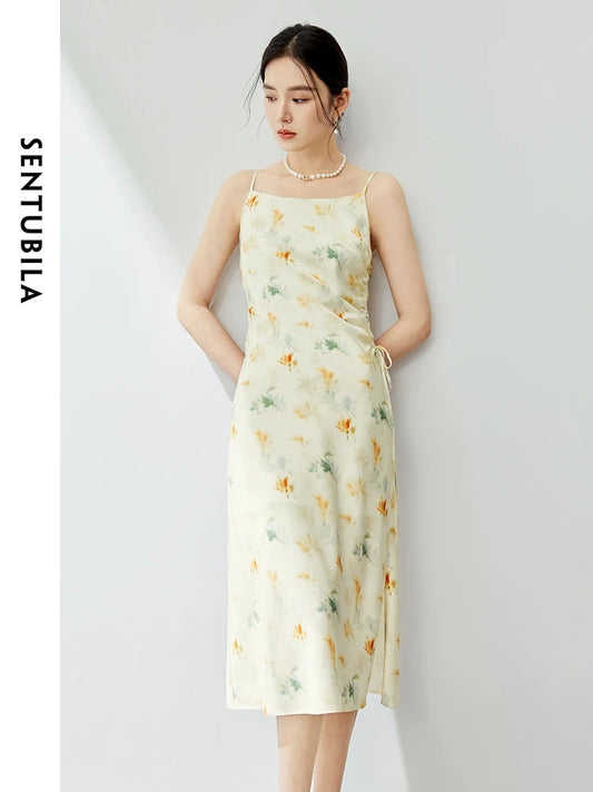 SENTUBILA Elegant Side Shirring Floral Camisole Dress Women 2024 Summer Slash Neck Split Sleeveless Midi Tank Dresses 141L53666