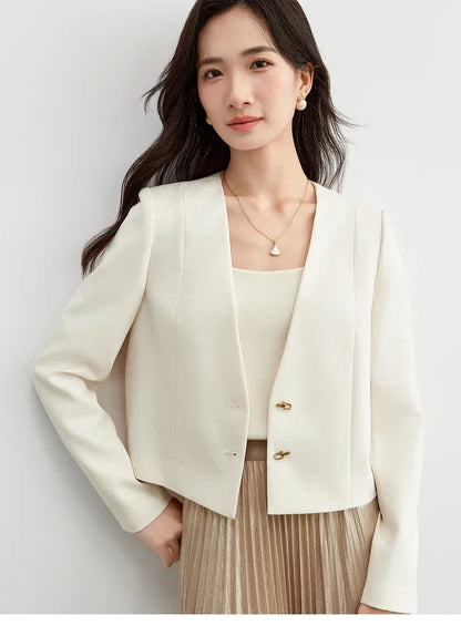 SENTUBILA Cropped Tailored Straight Texture V Neck Long Sleeve Single Breasted Blazer