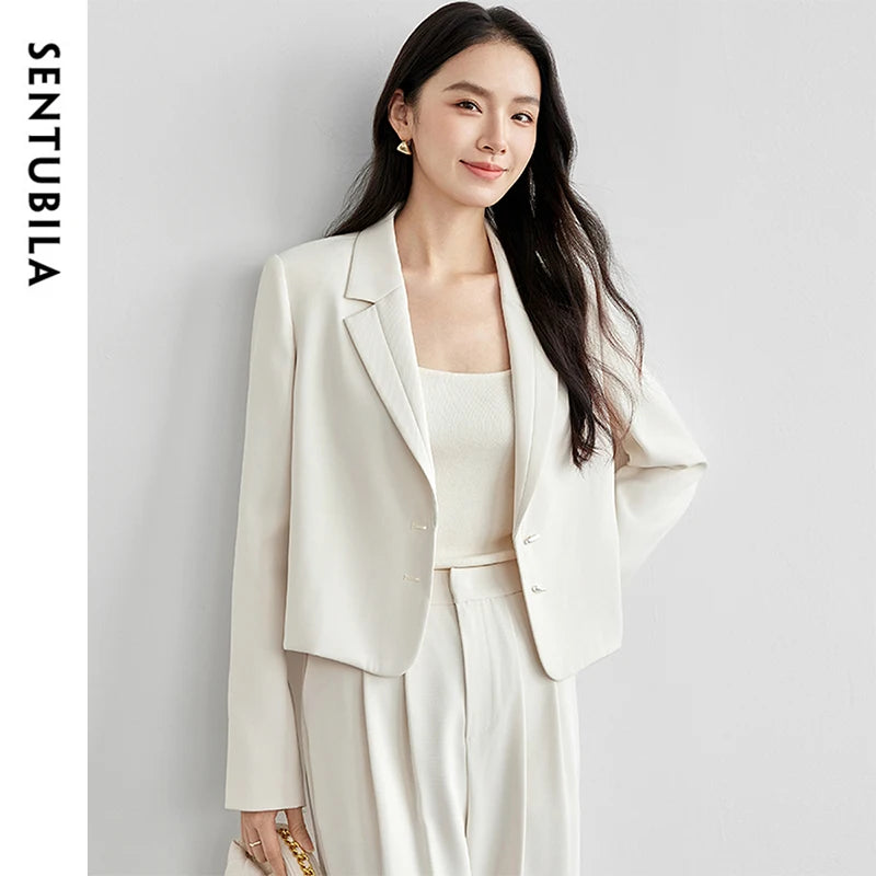 SENTUBILA Straight Crop Blazers Notched Neck Shoulder Pads