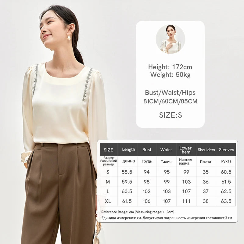 SENTUBILA Spliced Embroidery Blouse Chiffon Straight Crew Neck Puff Sleeve Texture