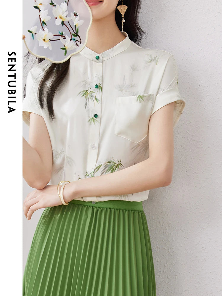 SENTUBILA Chinese Style Comfort Stand Collar Floral Summer Straight Button Up Elegant Blouses