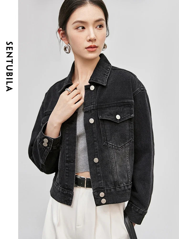 SENTUBILA Vintage Black Denim Jacket Drop Sleeve Short Denim Coat