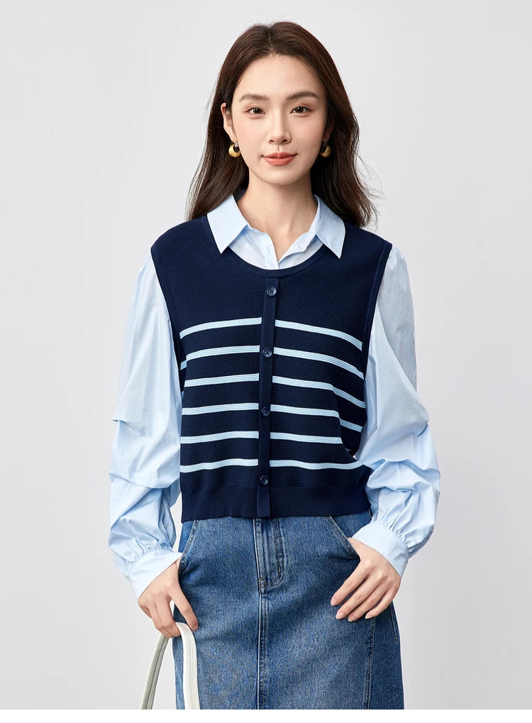 SENTUBILA Patchwork 2 in 1 Blouse 2025 Spring Fashion Spliced Striped Folds Drop Sleeve Chic