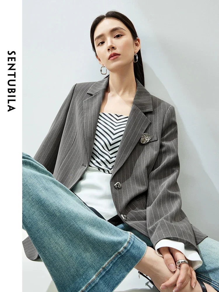 SENTUBILA Grey Striped Patchwork Oversize Suit Blazer Jackets Office